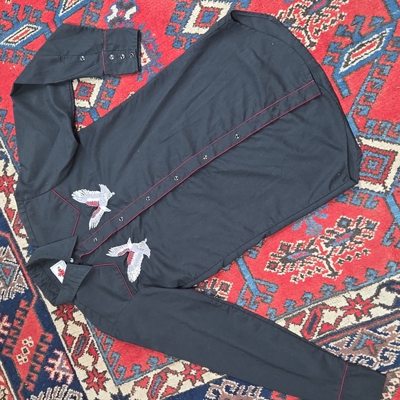 Vintage Western Snap Shirt with Embroidered Eagles Black and Red Silver Cowboy - Picture 10 of 10